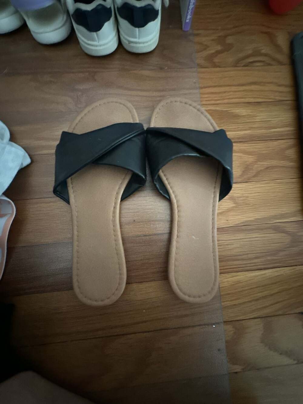Old Navy Black Faux Leather Criss-Cross Flat Slide Sandals